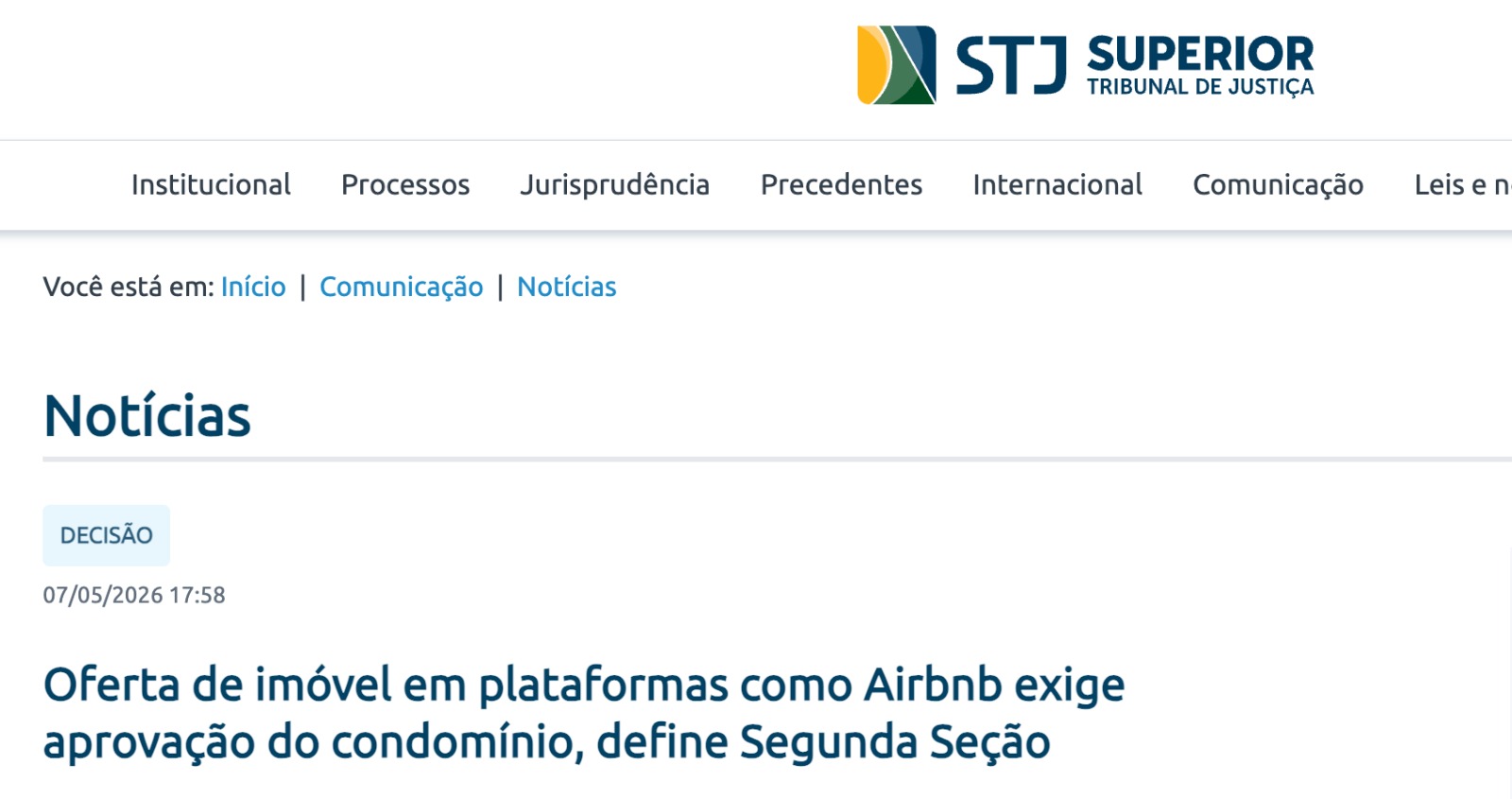 Print do site oficial do STJ - Decisão sobre Airbnb em condomínios
